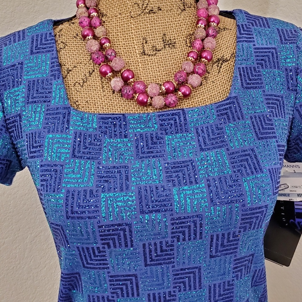 MSK Evening Collection 2 tone Blue Glitter short sleeve top S Iridescent glitter - Picture 2 of 8